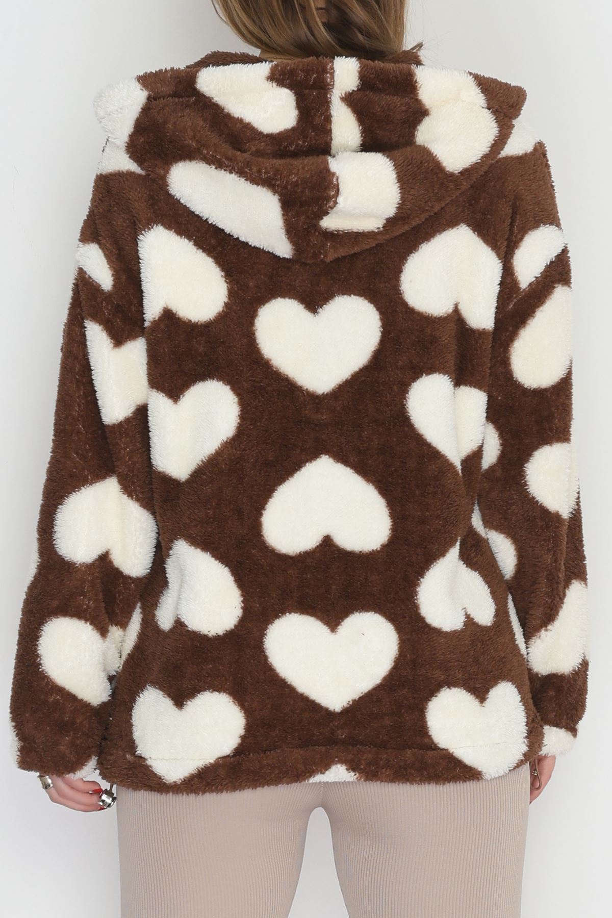 Welsoft Kumaş Kalpli Kapşonlu Fermuarlı Sweat Kahvebeyaz - 31608.308.