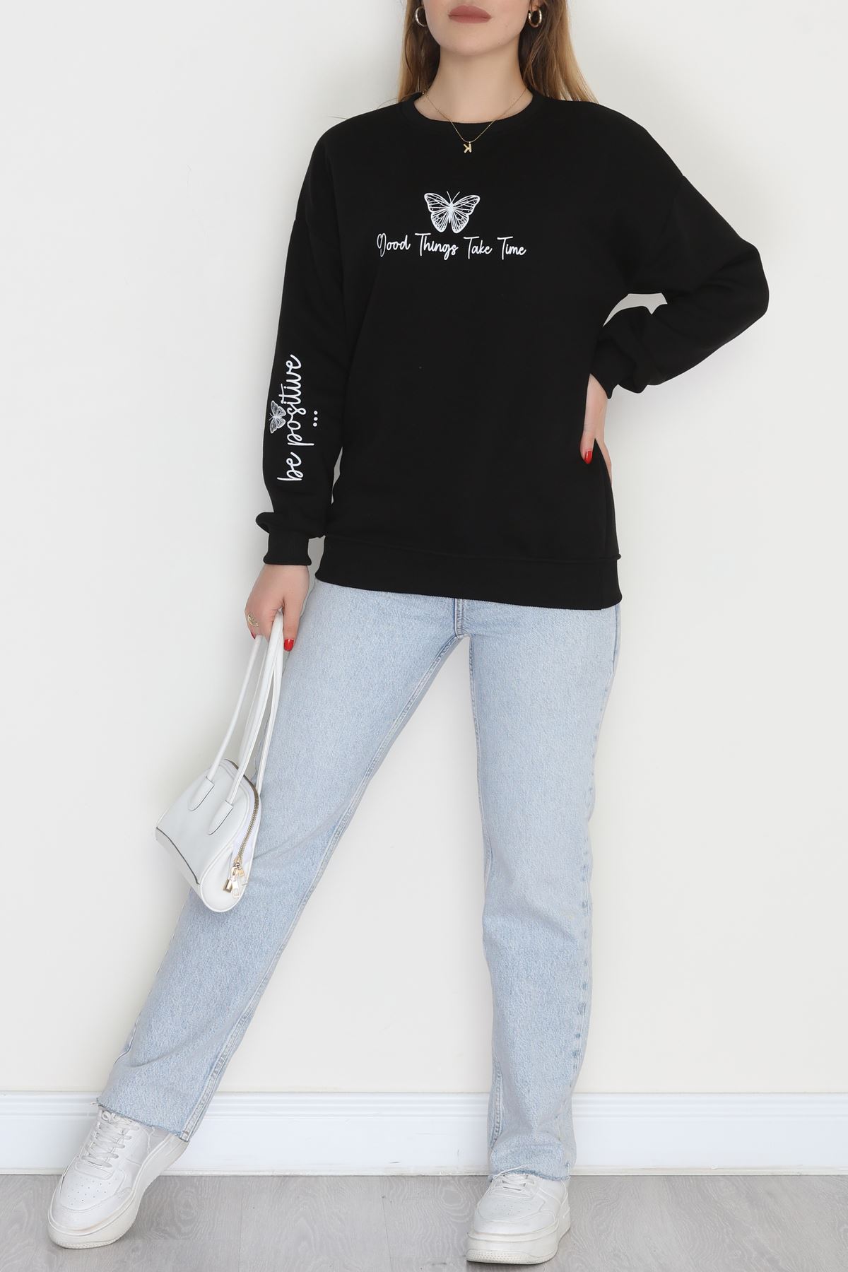 3 İplik Şardonlu Baskılı Sweat Siyahekru - 42611.1878.