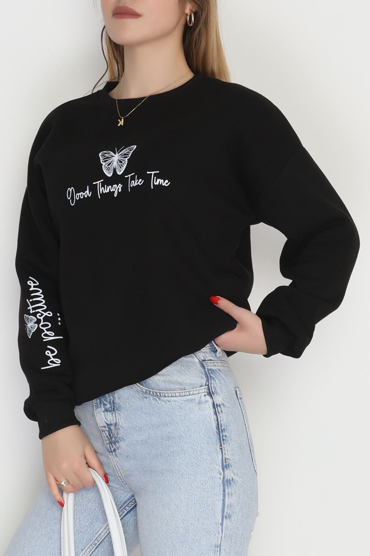 3 İplik Şardonlu Baskılı Sweat Siyahekru - 42611.1878.