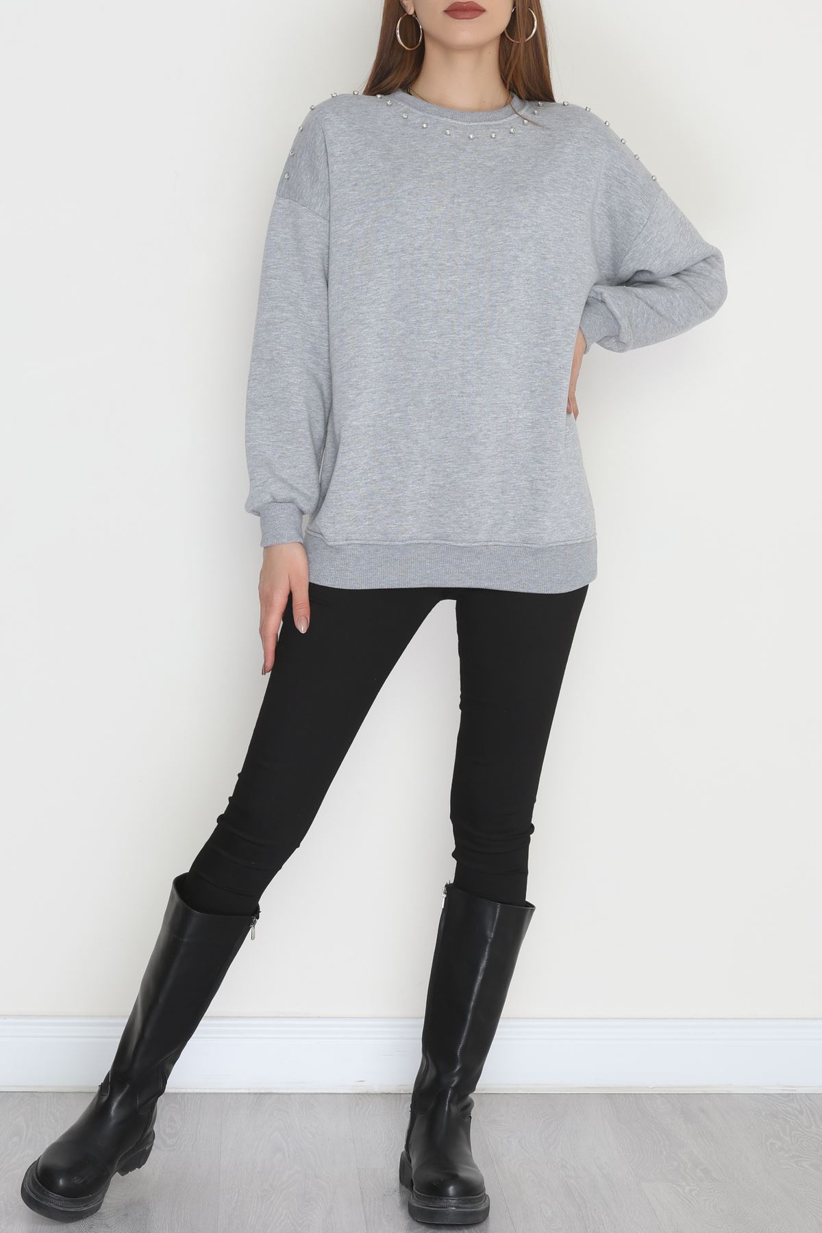 3 İplik Şardonlu Taşı Sweat Gri - 42609.1878.