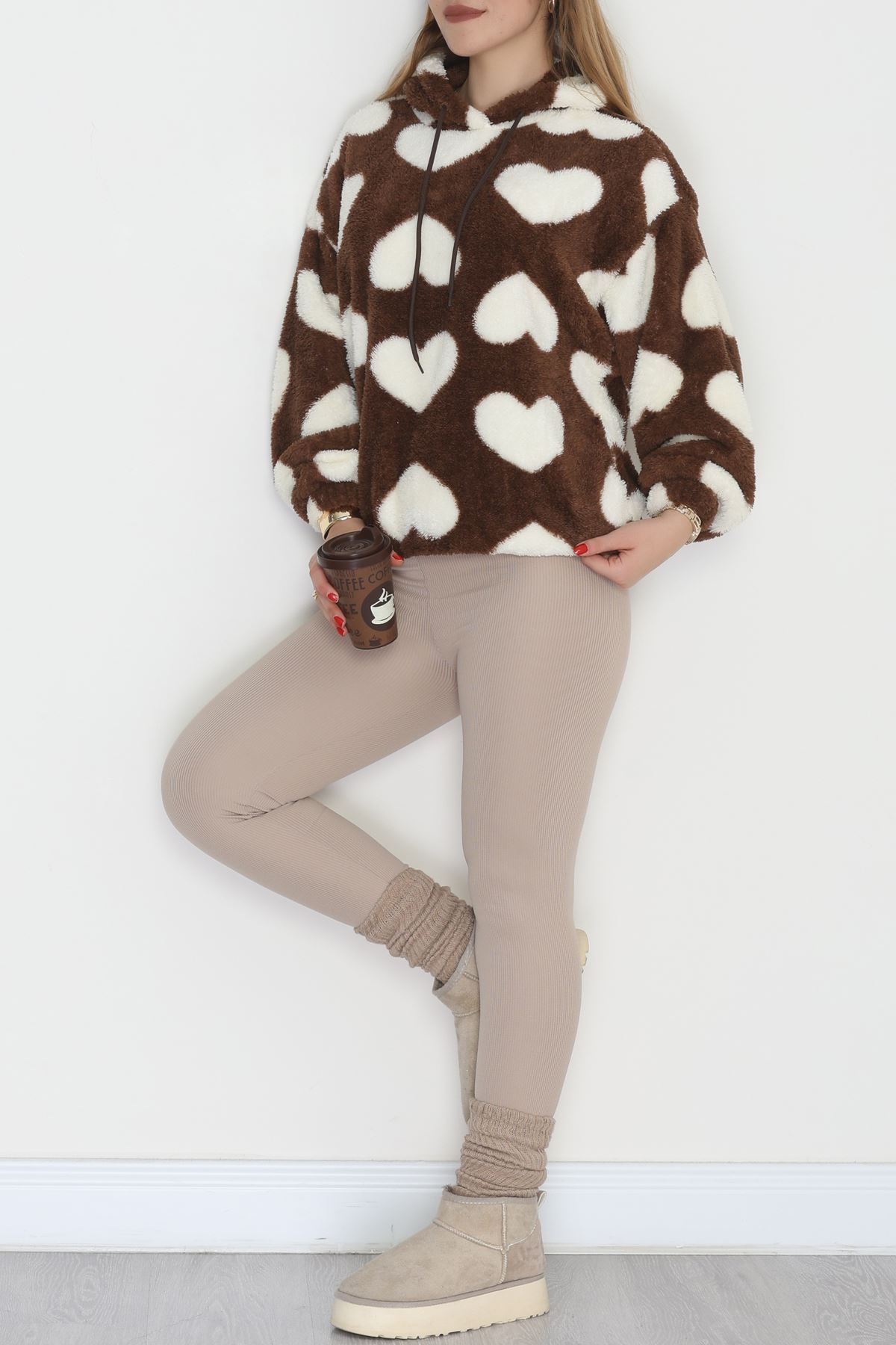 Welsoft Kumaş Kalpli Kapşonlu Sweat Kahvebeyaz - 31606.308.