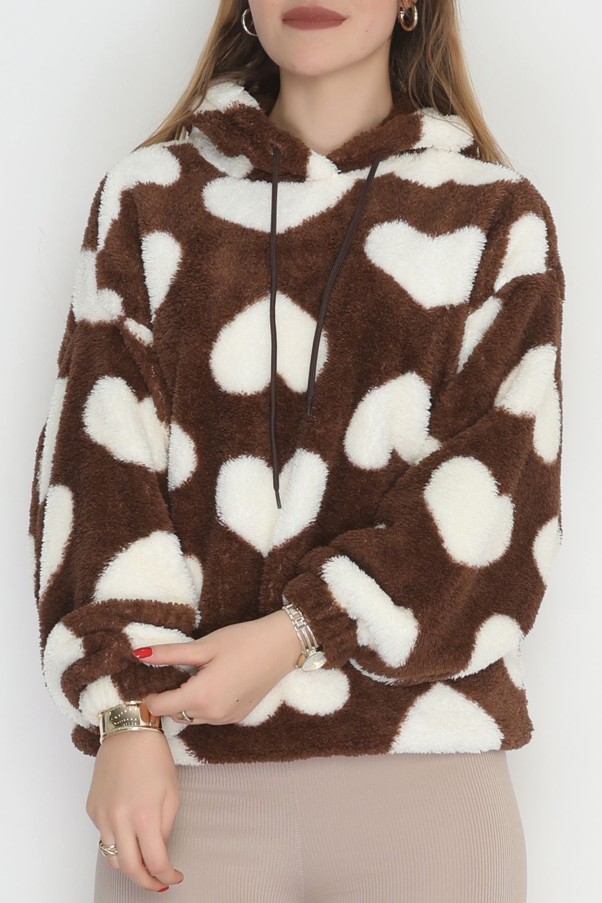 Welsoft Kumaş Kalpli Kapşonlu Sweat Kahvebeyaz - 31606.308.