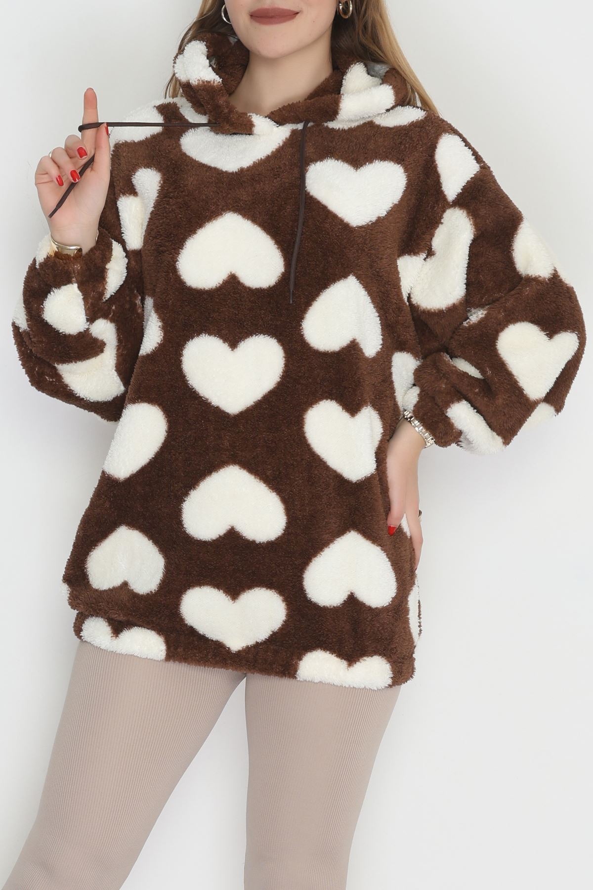 Welsoft Kumaş Kalpli Kapşonlu Sweat Kahvebeyaz - 31606.308.