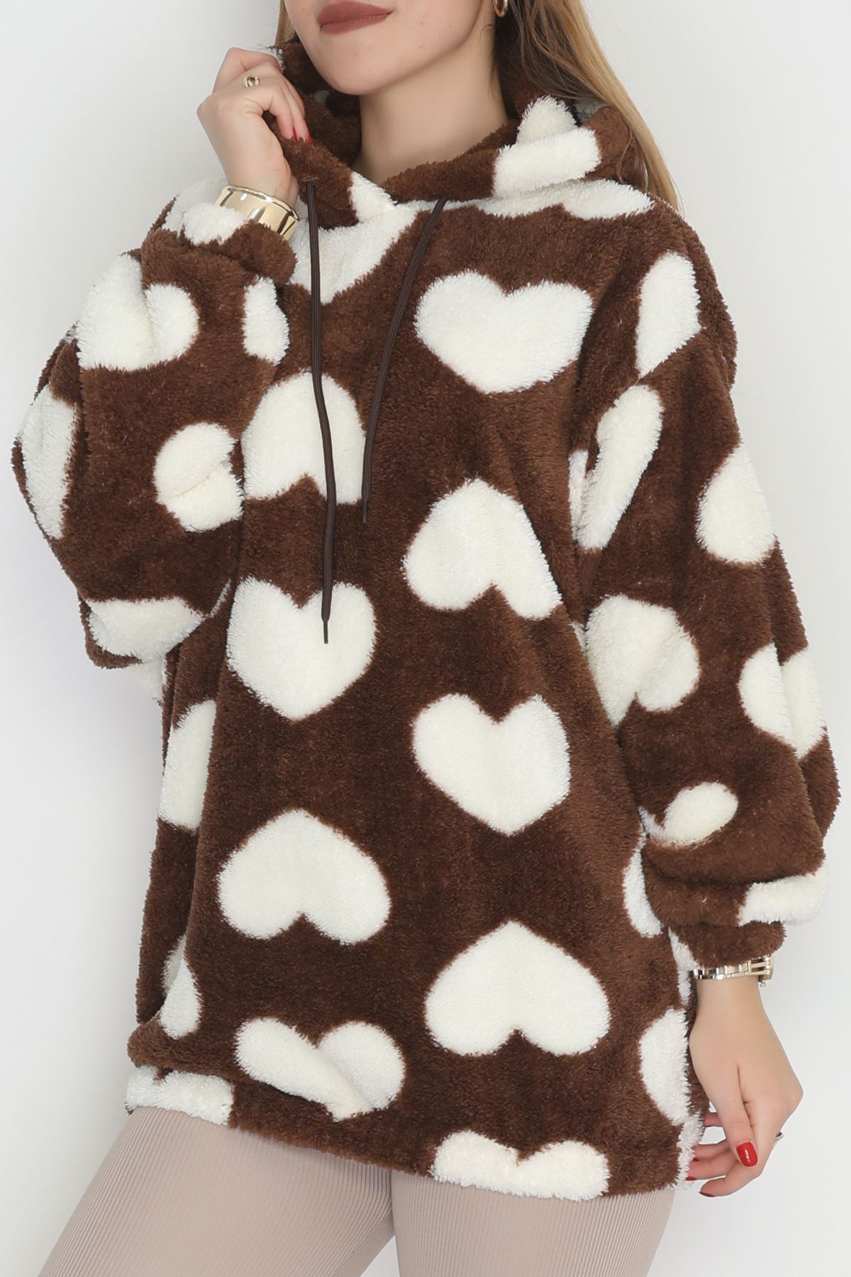 Welsoft Kumaş Kalpli Kapşonlu Sweat Kahvebeyaz - 31606.308.