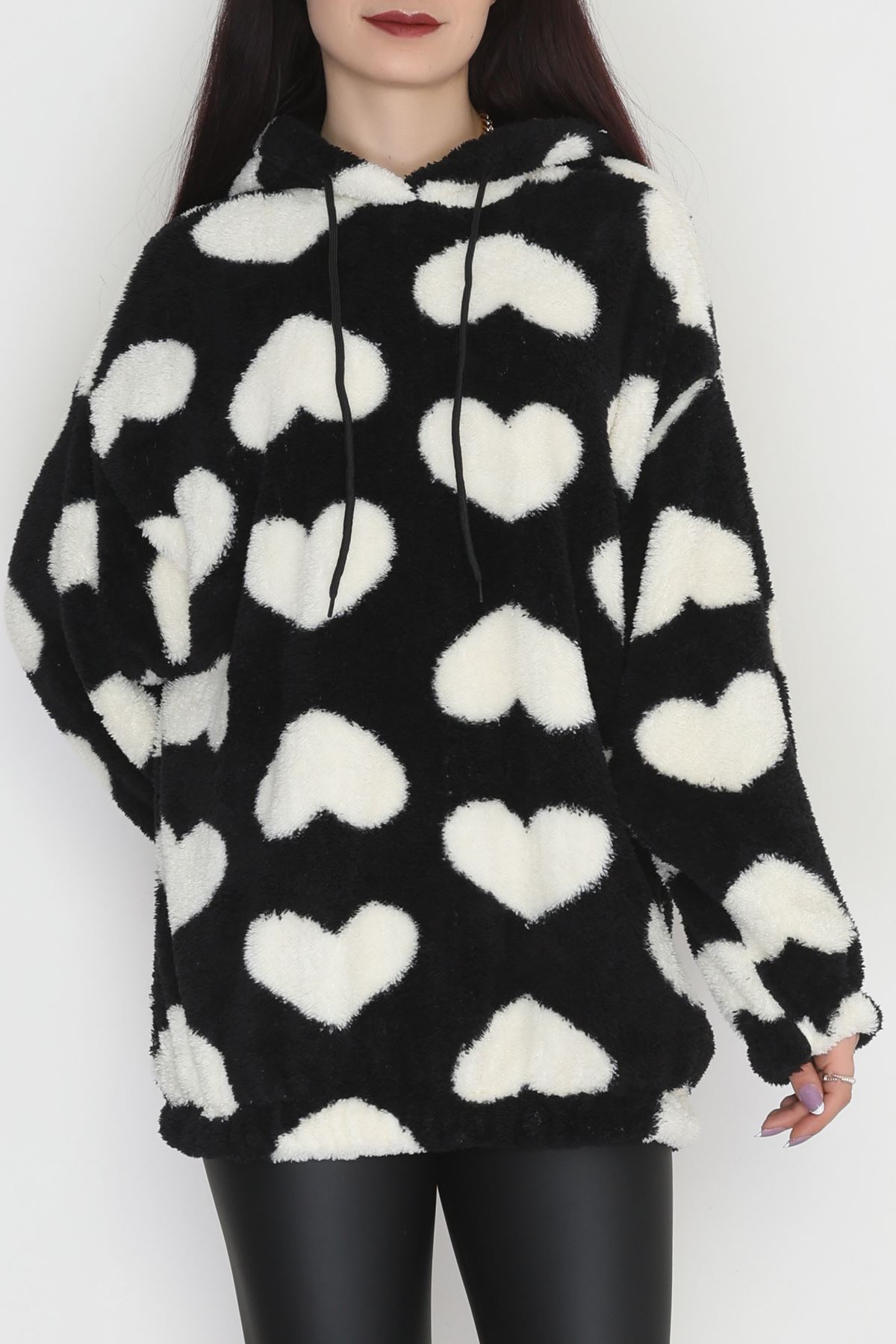 Welsoft Kumaş Kalpli Kapşonlu Sweat Siyahbeyaz - 31606.308.