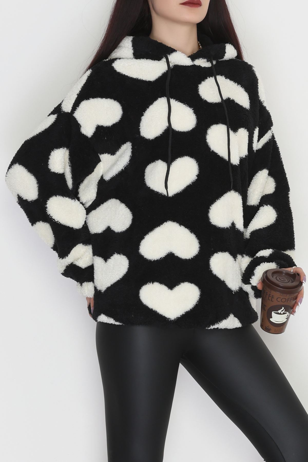 Welsoft Kumaş Kalpli Kapşonlu Sweat Siyahbeyaz - 31606.308.