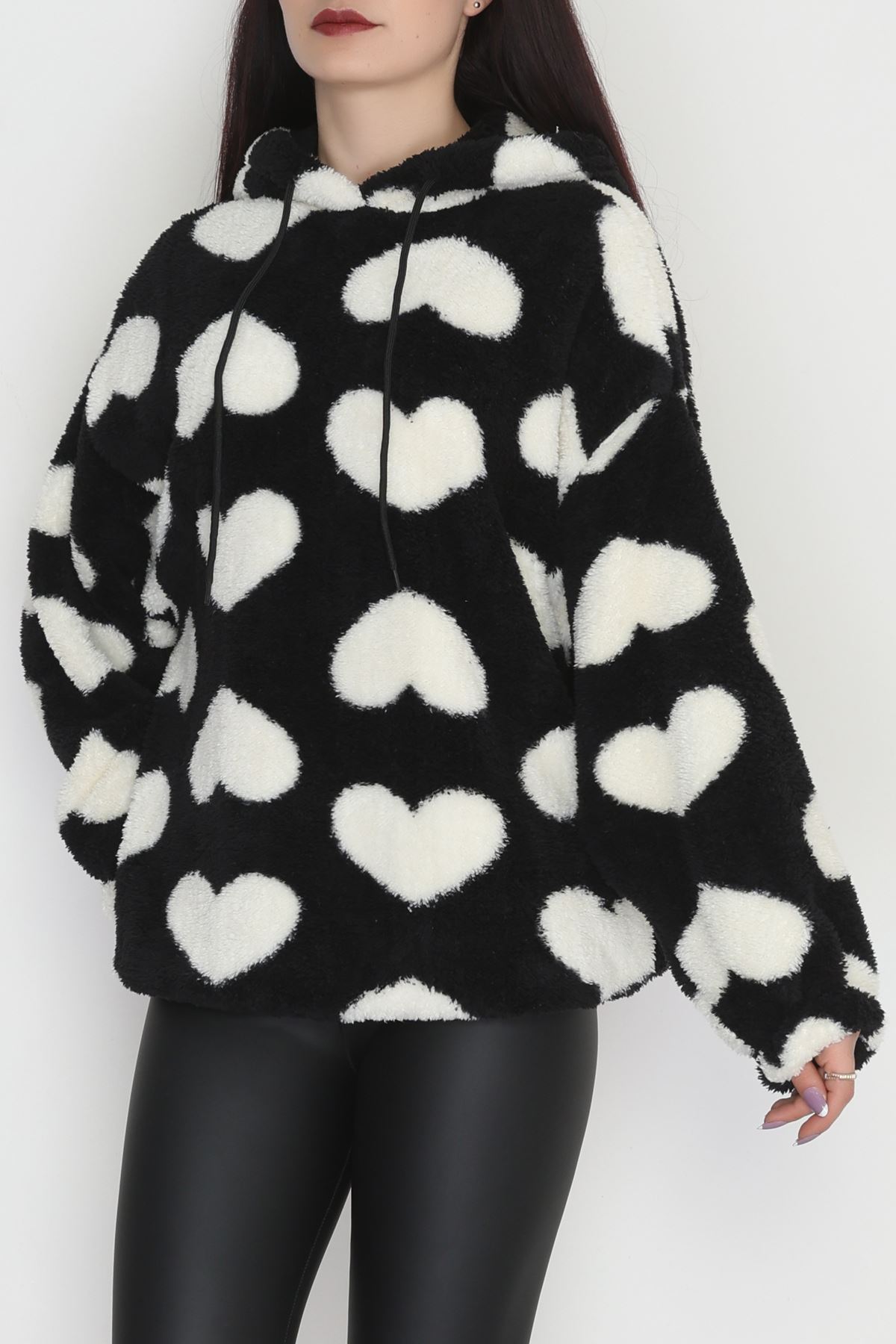 Welsoft Kumaş Kalpli Kapşonlu Sweat Siyahbeyaz - 31606.308.