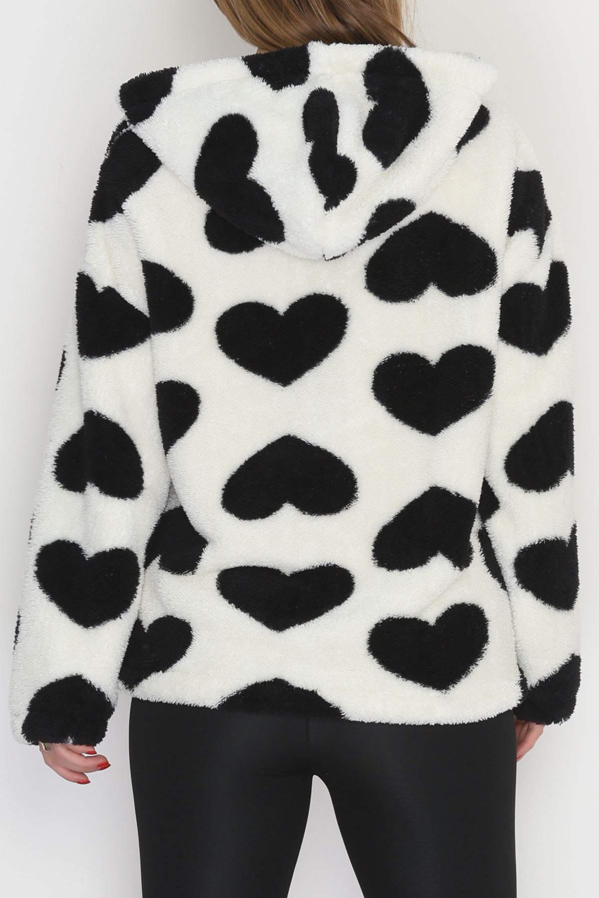 Welsoft Kumaş Kalpli Kapşonlu Fermuarlı Sweat Beyazsiyah - 31608.308.