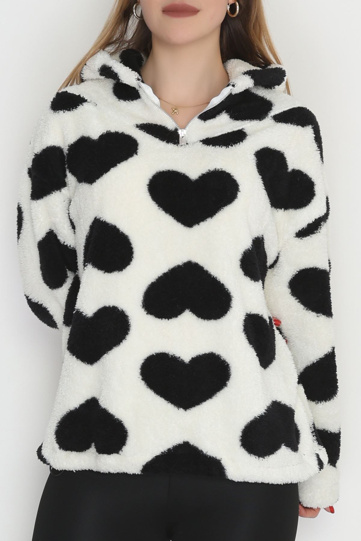 Welsoft Kumaş Kalpli Kapşonlu Fermuarlı Sweat Beyazsiyah - 31608.308.