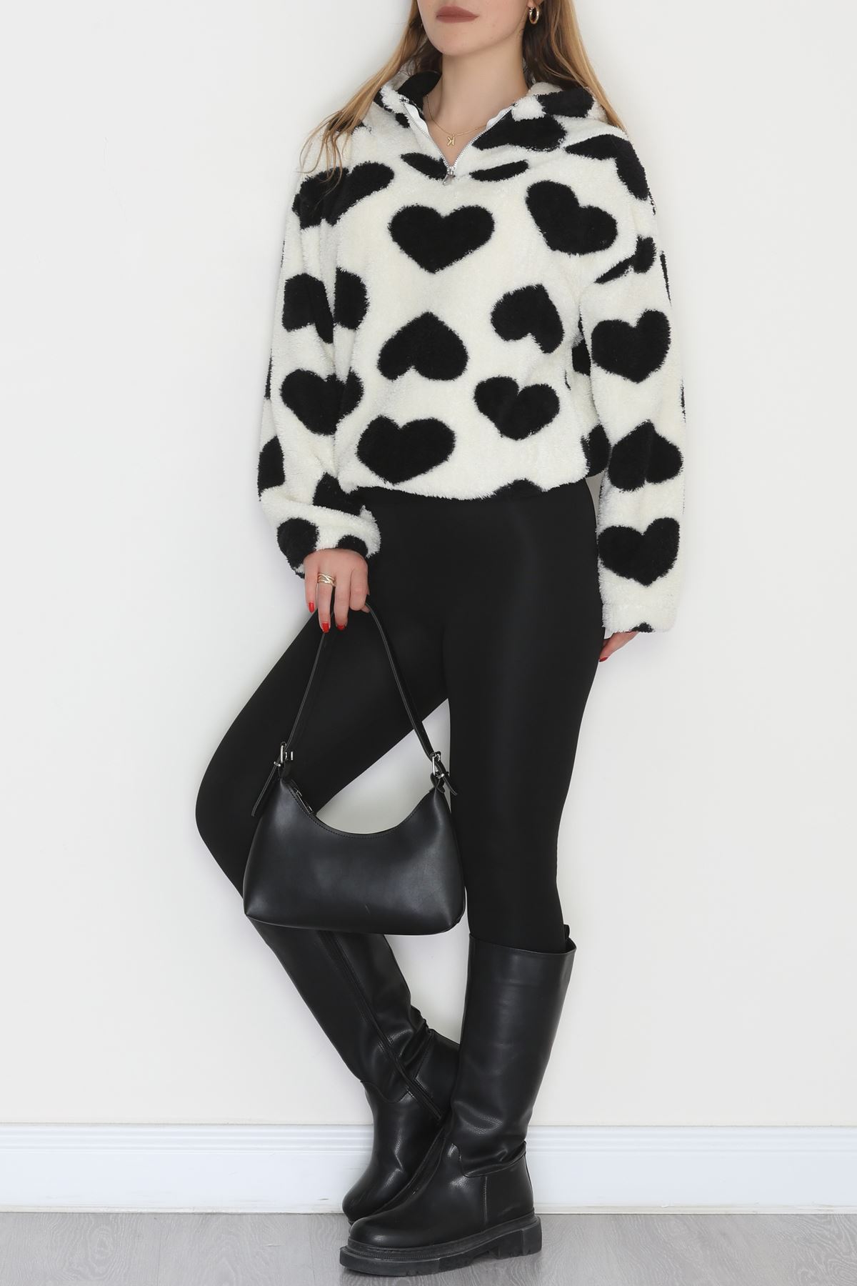 Welsoft Kumaş Kalpli Kapşonlu Fermuarlı Sweat Beyazsiyah - 31608.308.