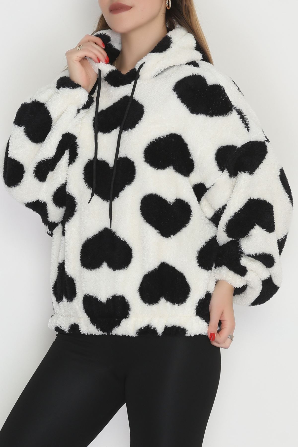 Welsoft Kumaş Kalpli Kapşonlu Crop Sweat Beyazsiyah - 31607.308.