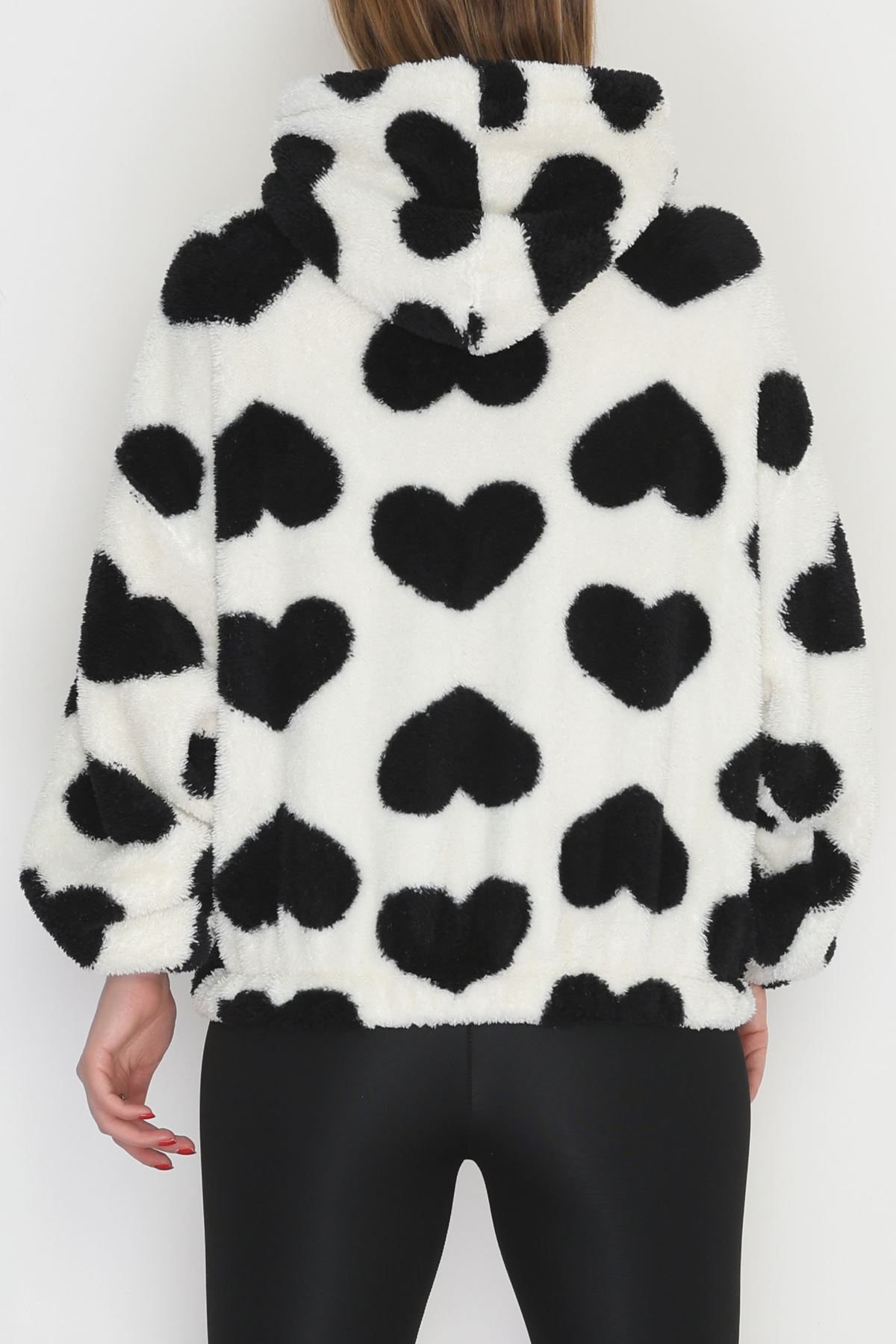 Welsoft Kumaş Kalpli Kapşonlu Crop Sweat Beyazsiyah - 31607.308.