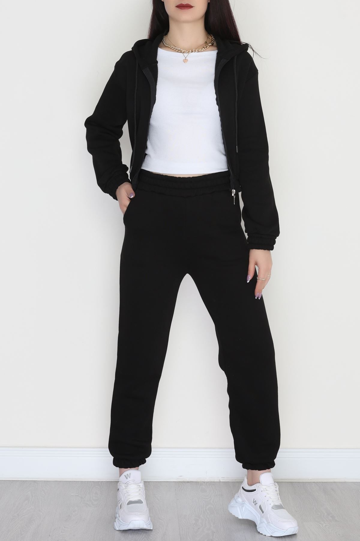 3 İplik Crop Eşofman Takımı Siyah - 50913.1878.