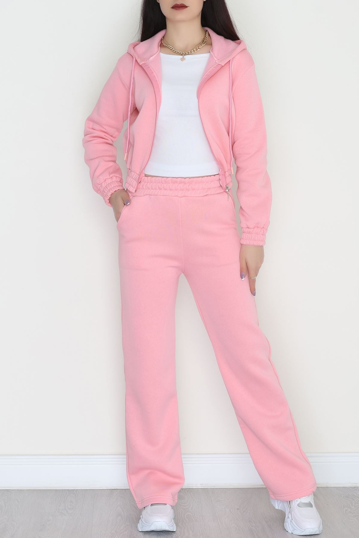 3 İplik Crop Palazzo Eşofman Takımı Açıkpembe - 50914.1878.