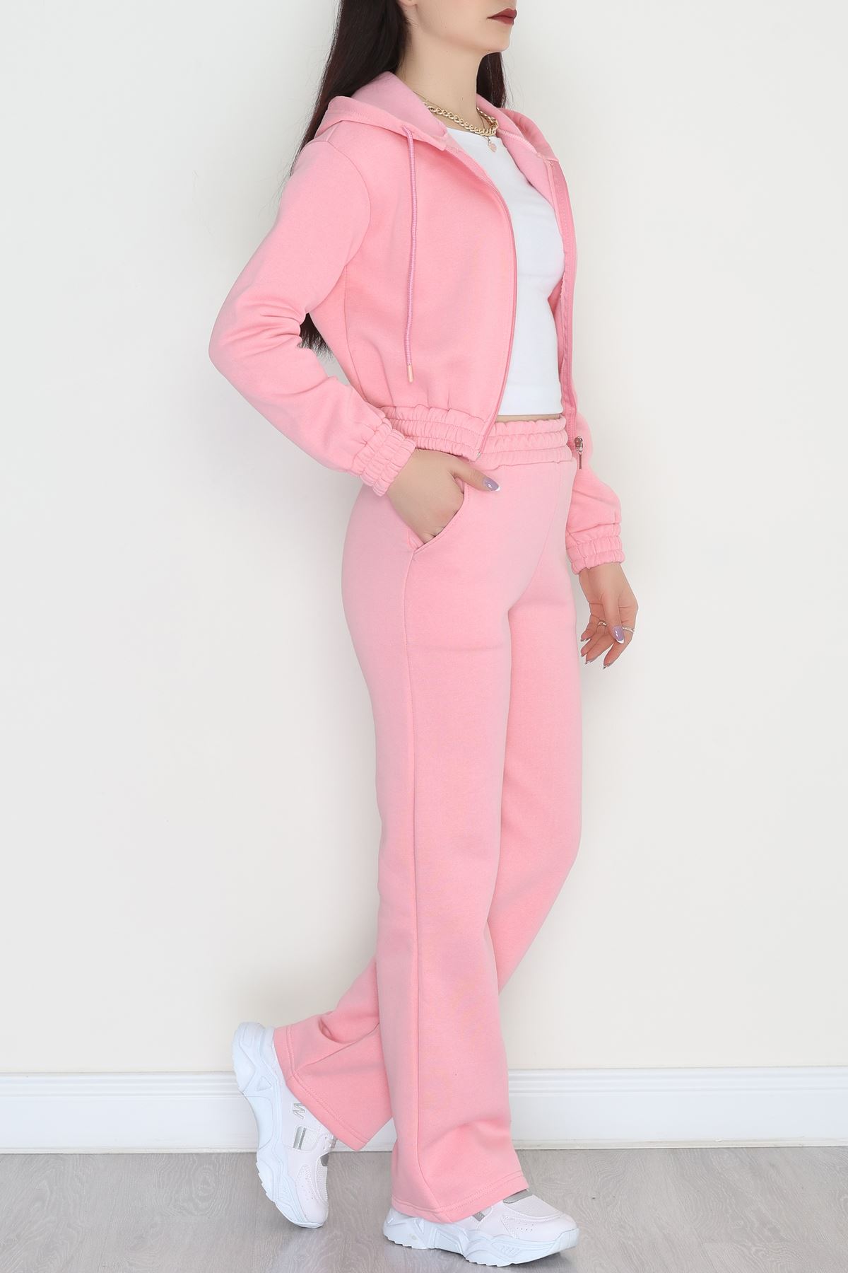 3 İplik Crop Palazzo Eşofman Takımı Açıkpembe - 50914.1878.