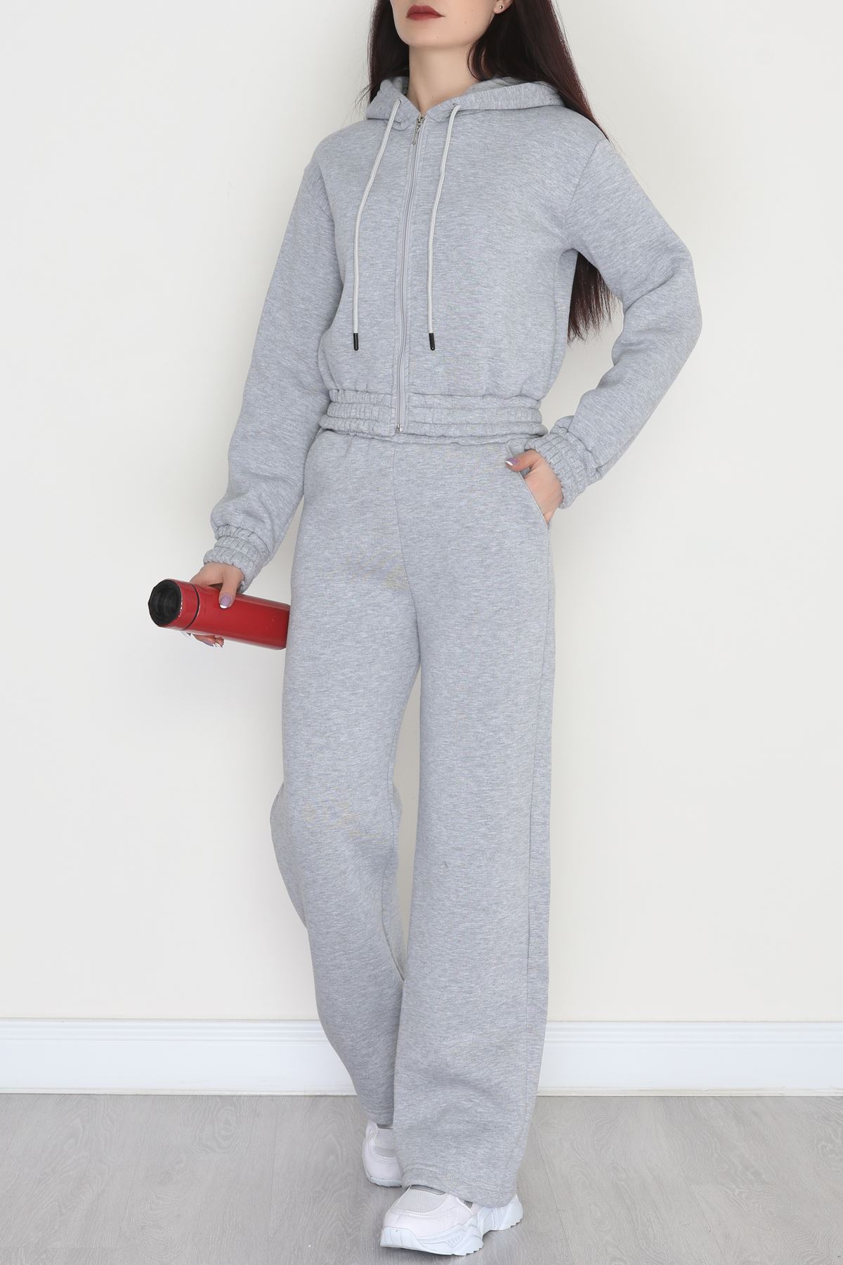 3 İplik Crop Palazzo Eşofman Takımı Gri - 50914.1878.