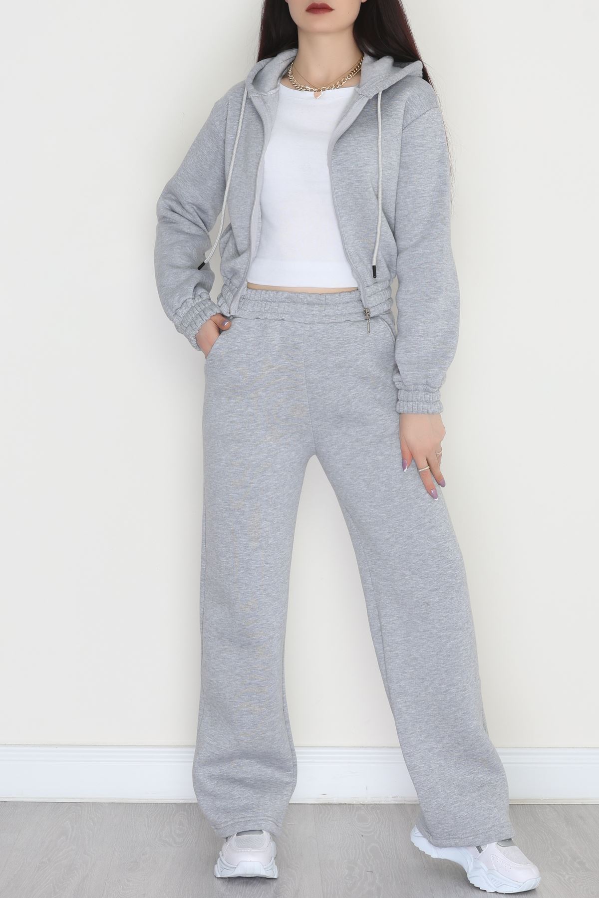 3 İplik Crop Palazzo Eşofman Takımı Gri - 50914.1878.