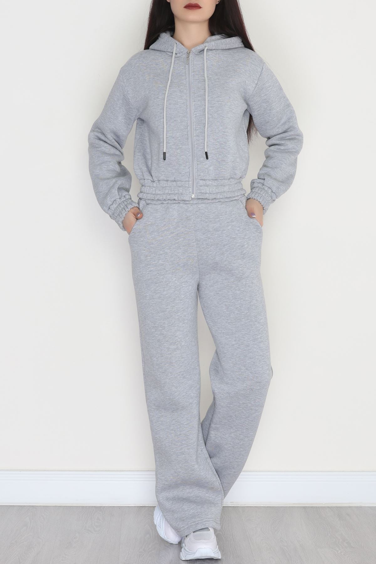 3 İplik Crop Palazzo Eşofman Takımı Gri - 50914.1878.