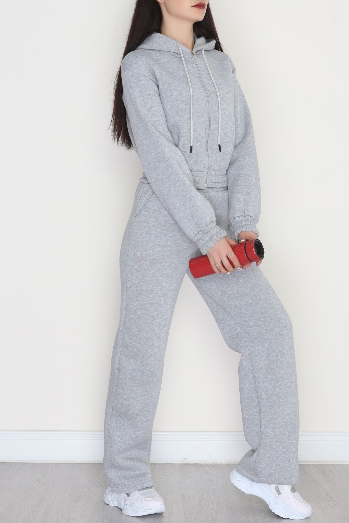 3 İplik Crop Palazzo Eşofman Takımı Gri - 50914.1878.