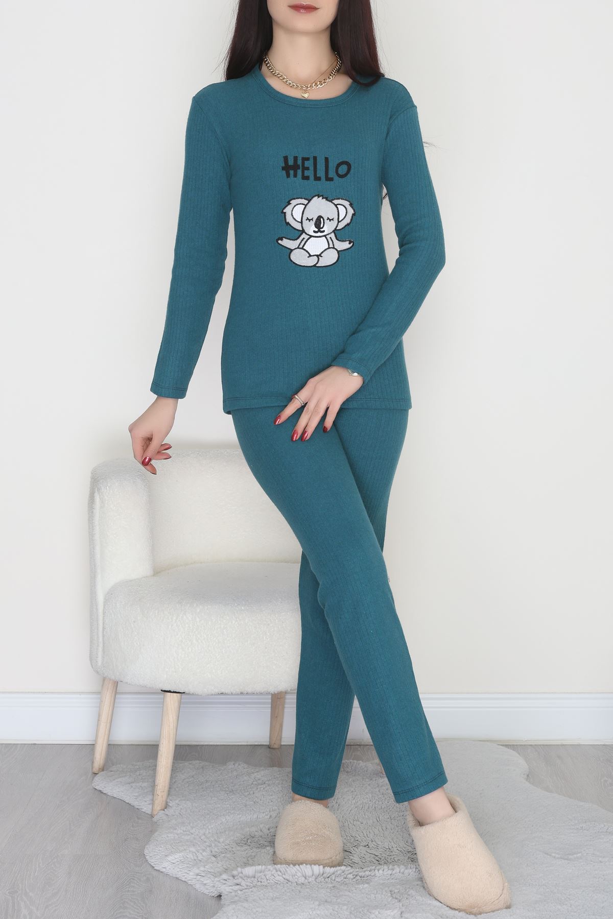 Nakışlı İnterlok Pijama Takımı Petrol - 800.1287.