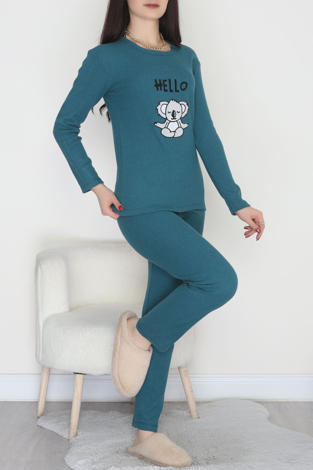 Nakışlı İnterlok Pijama Takımı Petrol - 800.1287.