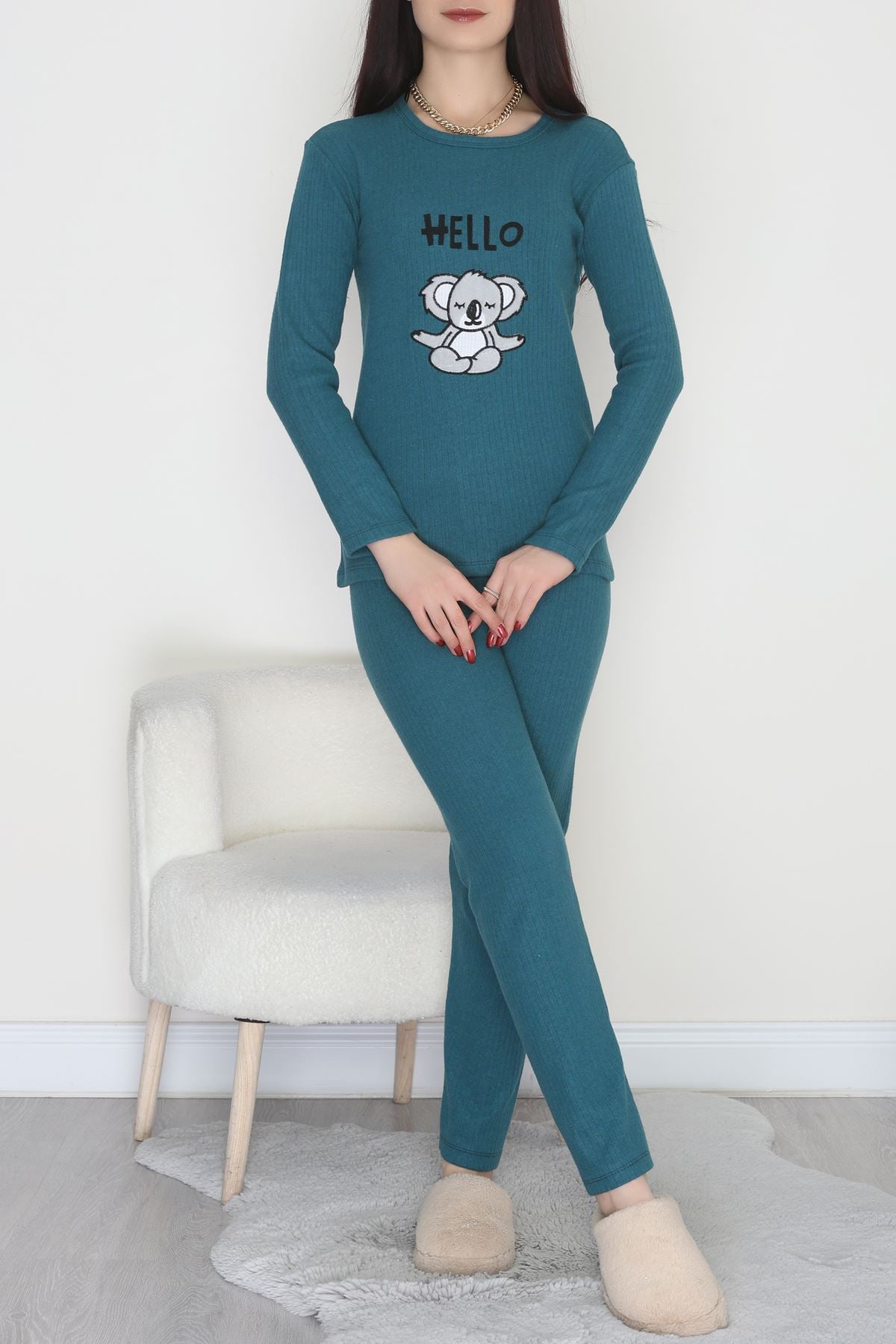 Nakışlı İnterlok Pijama Takımı Petrol - 800.1287.