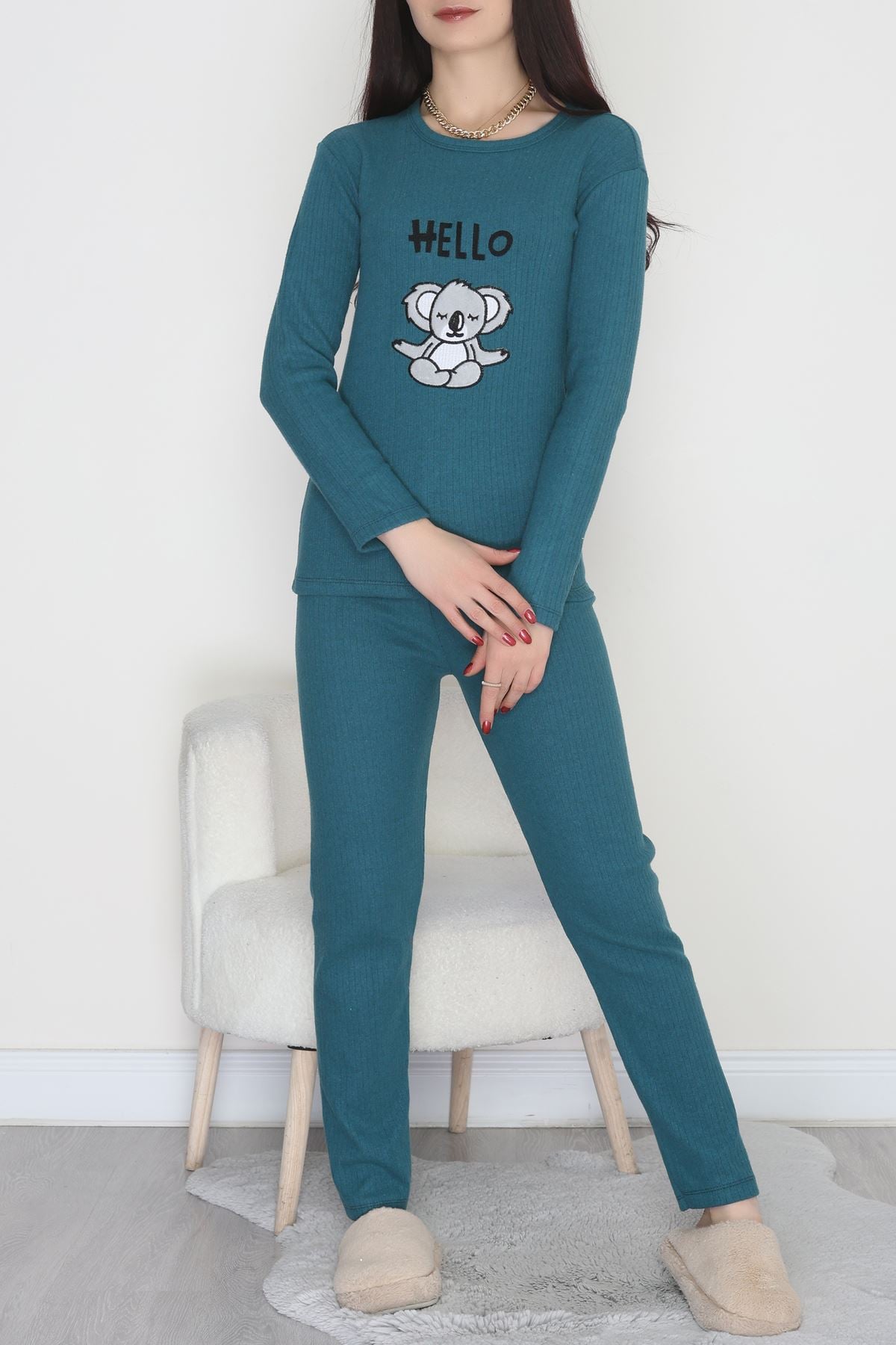 Nakışlı İnterlok Pijama Takımı Petrol - 800.1287.