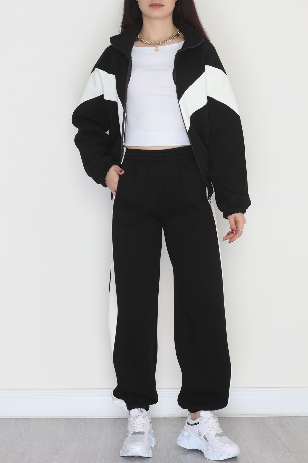 3 İplik Kompakt Fermuarlı Eşofman Takım Siyahekru - 42523.1878.