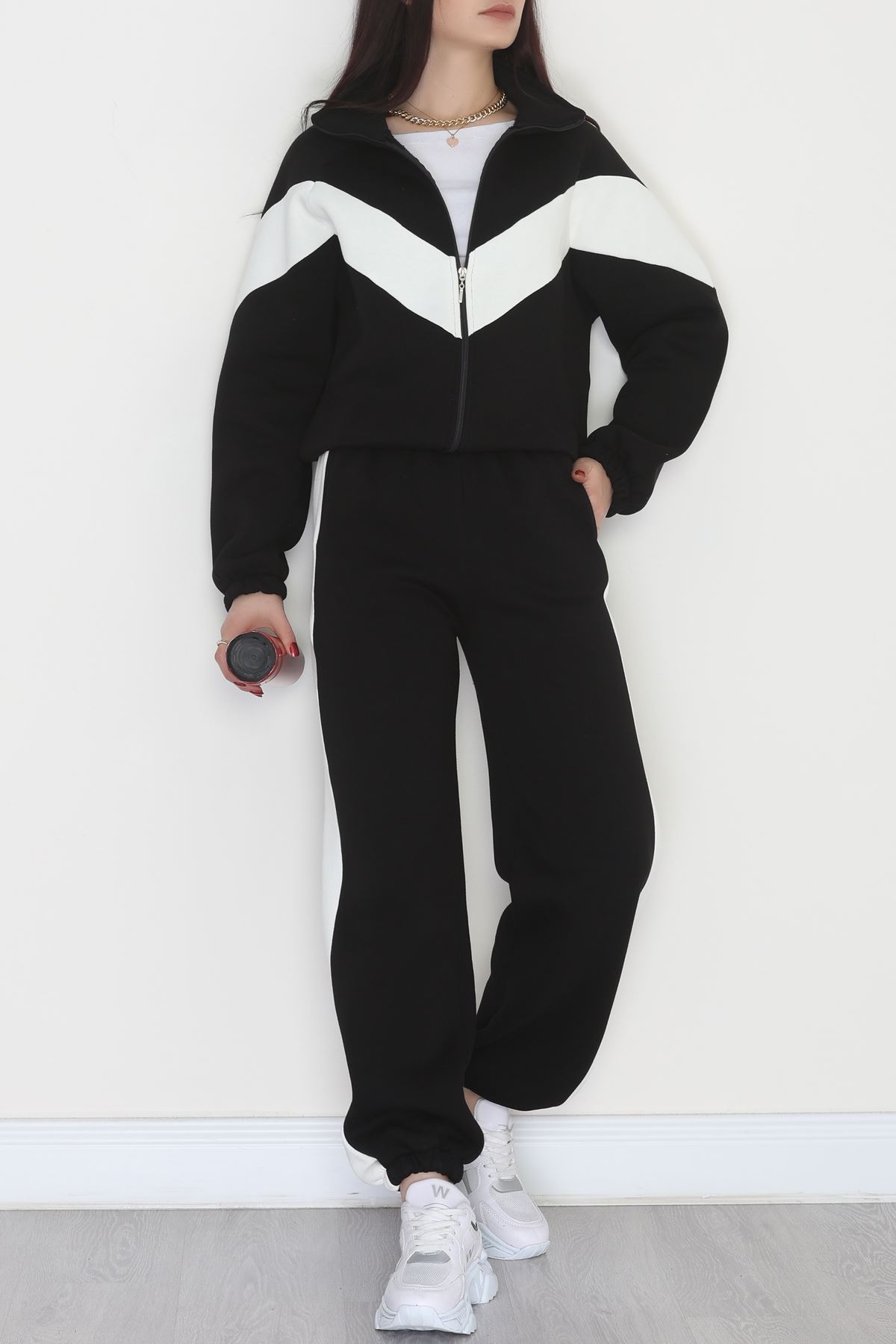 3 İplik Kompakt Fermuarlı Eşofman Takım Siyahekru - 42523.1878.