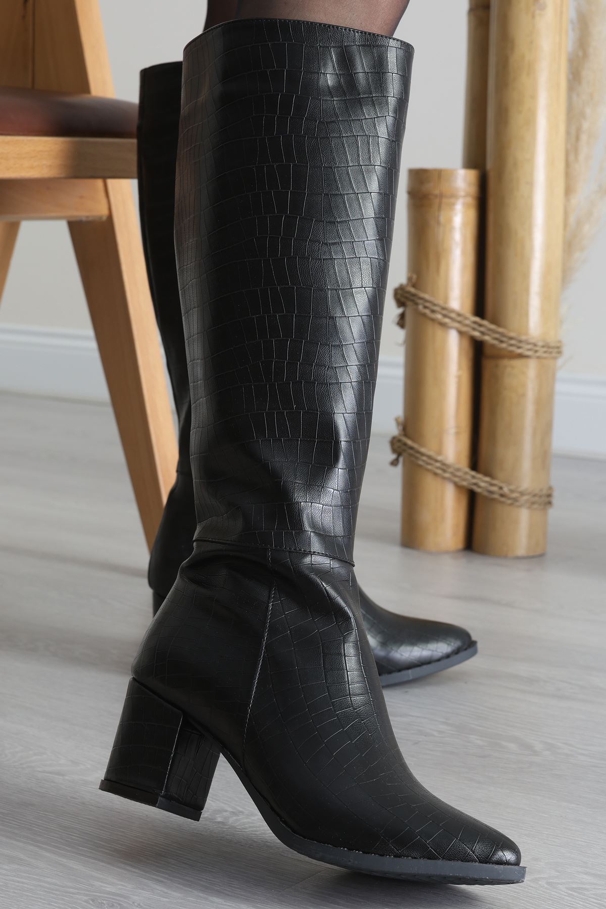 6 Cm Topuklu Uzun Çizme Krokosiyah - 42646.264.