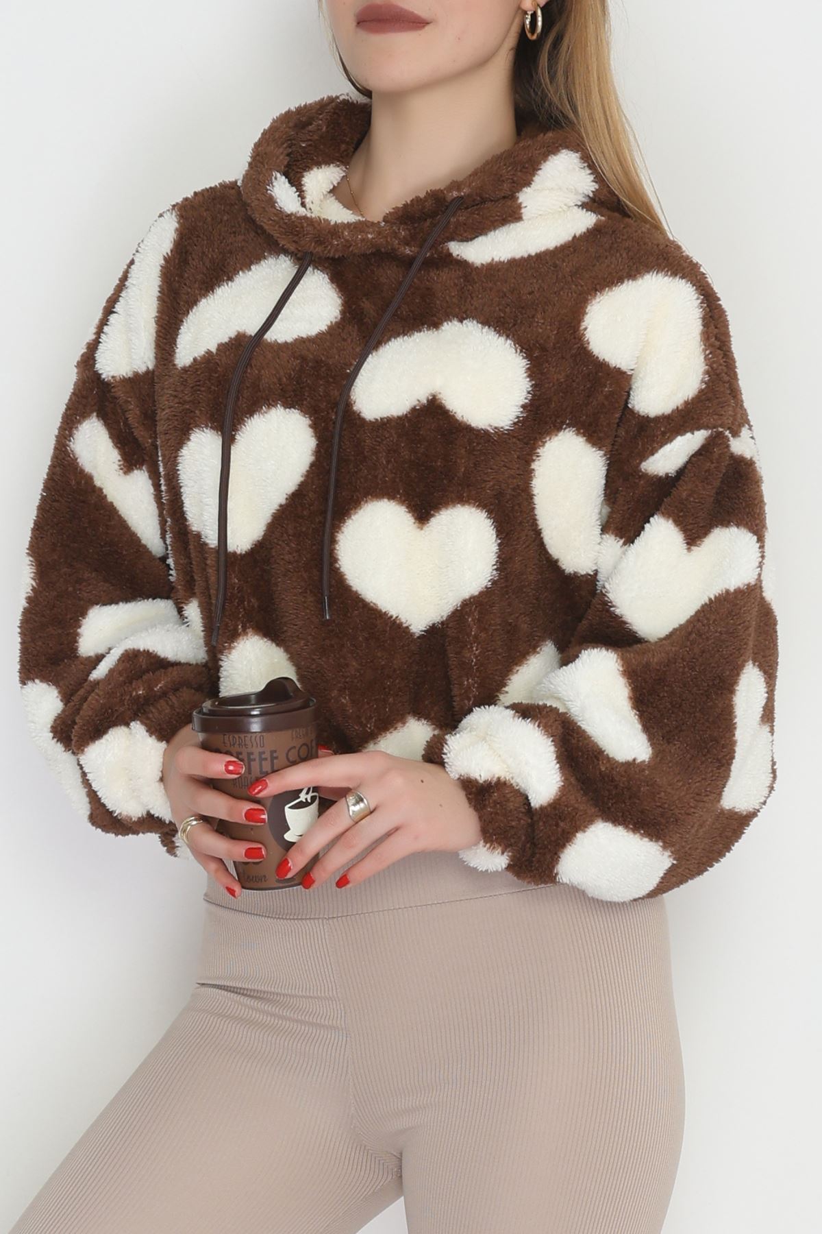 Welsoft Kumaş Kalpli Kapşonlu Crop Sweat Kahvebeyaz - 31607.308.