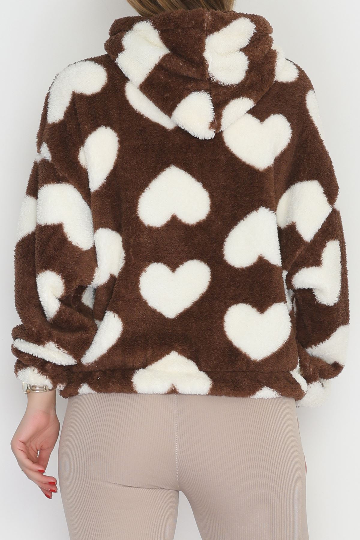 Welsoft Kumaş Kalpli Kapşonlu Crop Sweat Kahvebeyaz - 31607.308.