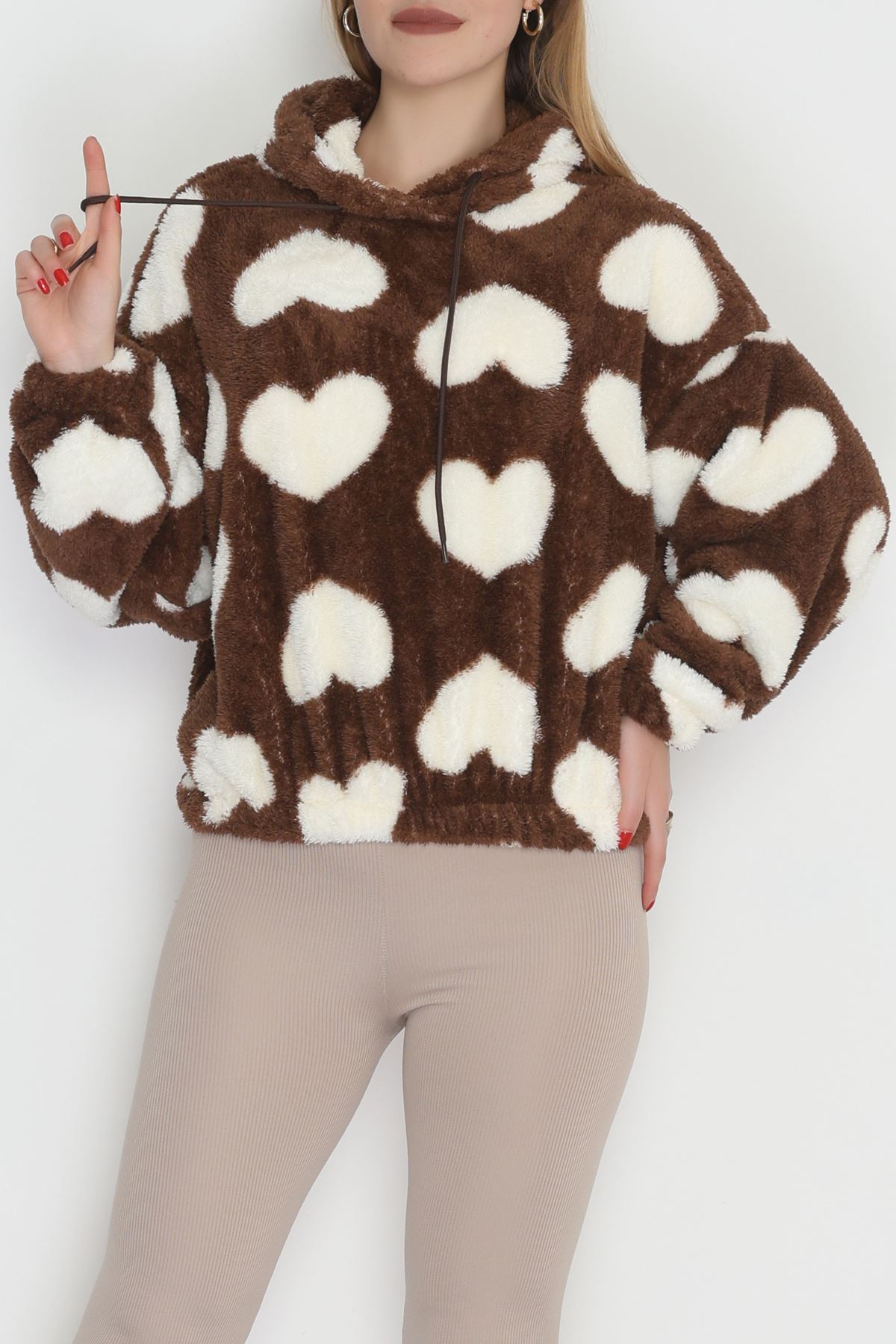 Welsoft Kumaş Kalpli Kapşonlu Crop Sweat Kahvebeyaz - 31607.308.