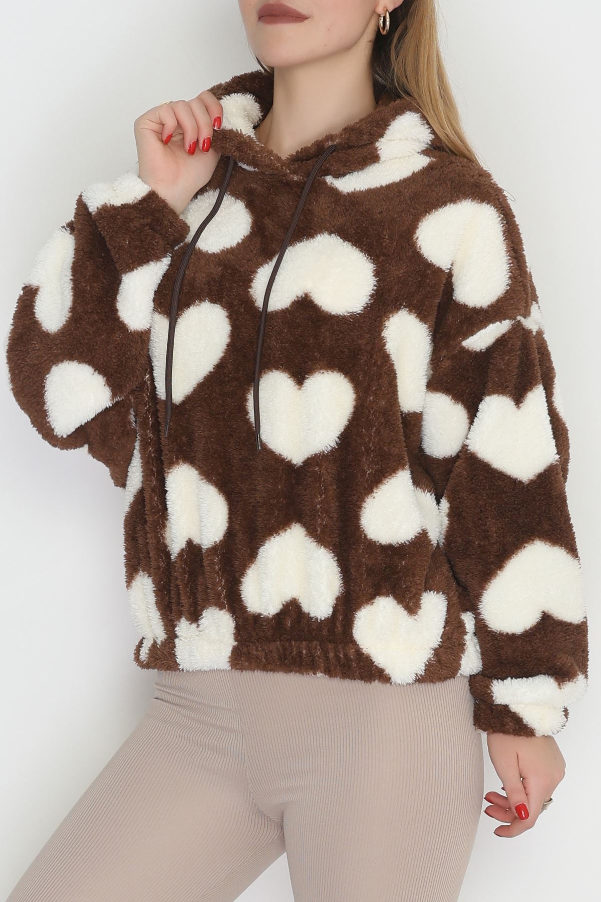 Welsoft Kumaş Kalpli Kapşonlu Crop Sweat Kahvebeyaz - 31607.308.