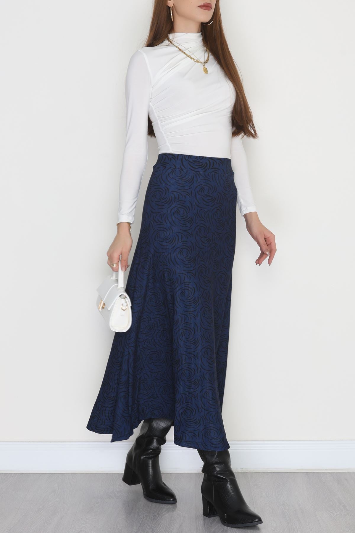 Karin Kumaş Desenli Etek Siyahindigo - 20588.1355.