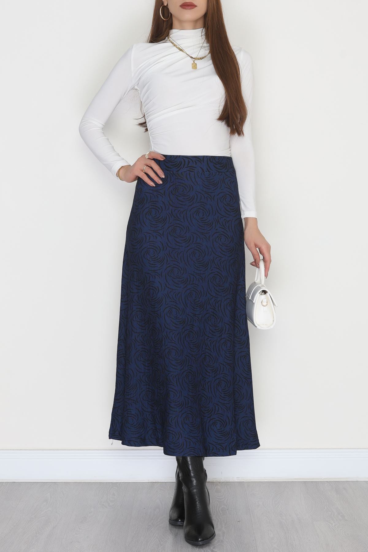 Karin Kumaş Desenli Etek Siyahindigo - 20588.1355.