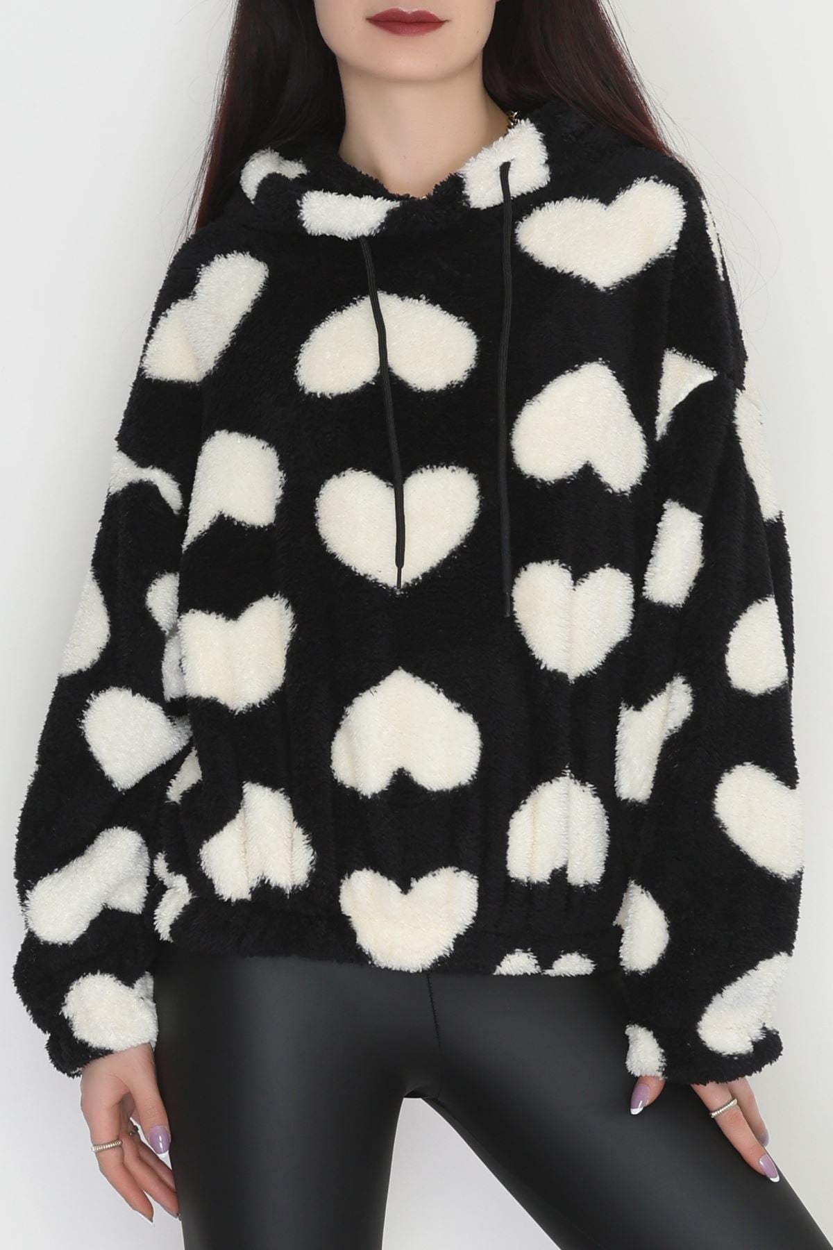 Welsoft Kumaş Kalpli Kapşonlu Crop Sweat Siyahbeyaz - 31607.308.