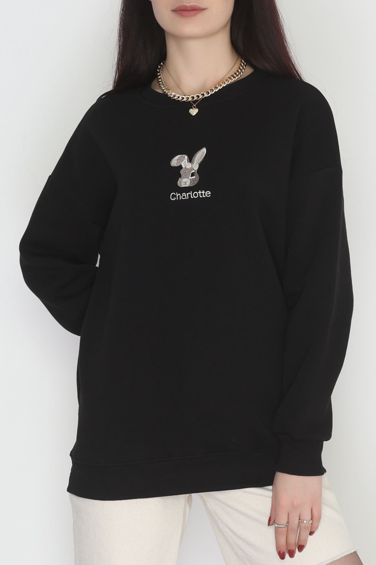 3 İplik Şardonlu Nakışlı Sweat Siyah - 42608.1878.