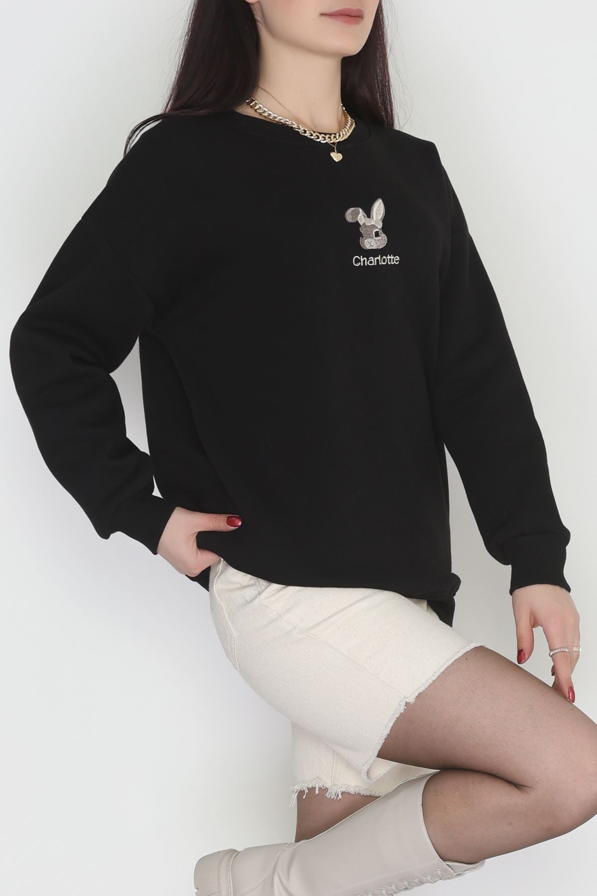 3 İplik Şardonlu Nakışlı Sweat Siyah - 42608.1878.