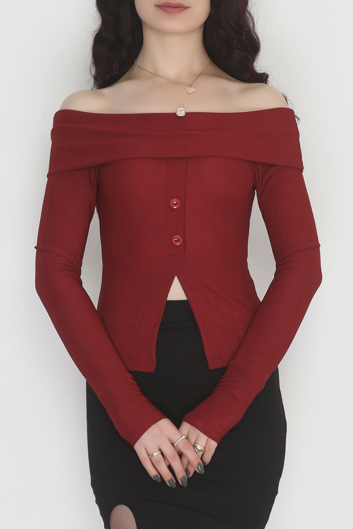 Madonna Yaka Düğmeli Bluz Bordo - 45620.1595.
