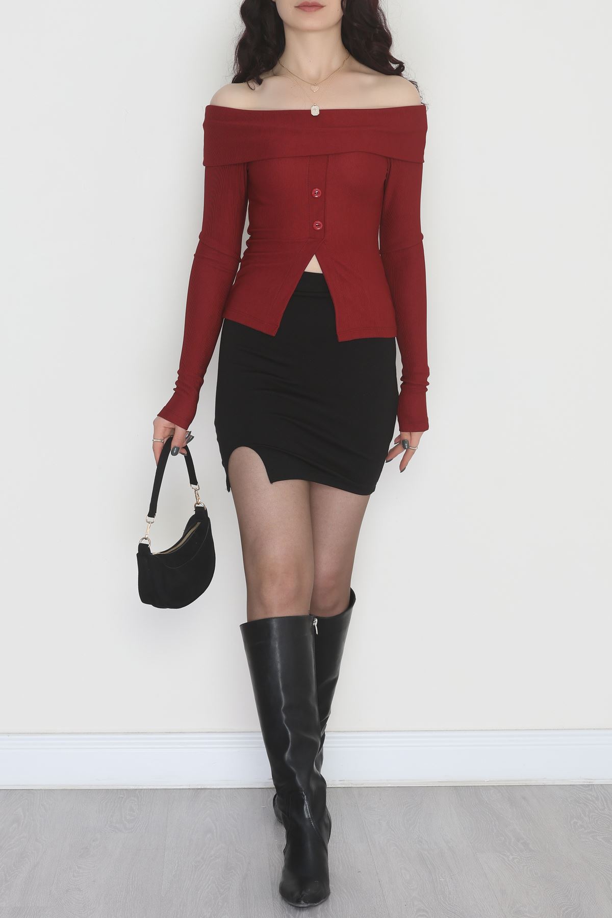 Madonna Yaka Düğmeli Bluz Bordo - 45620.1595.