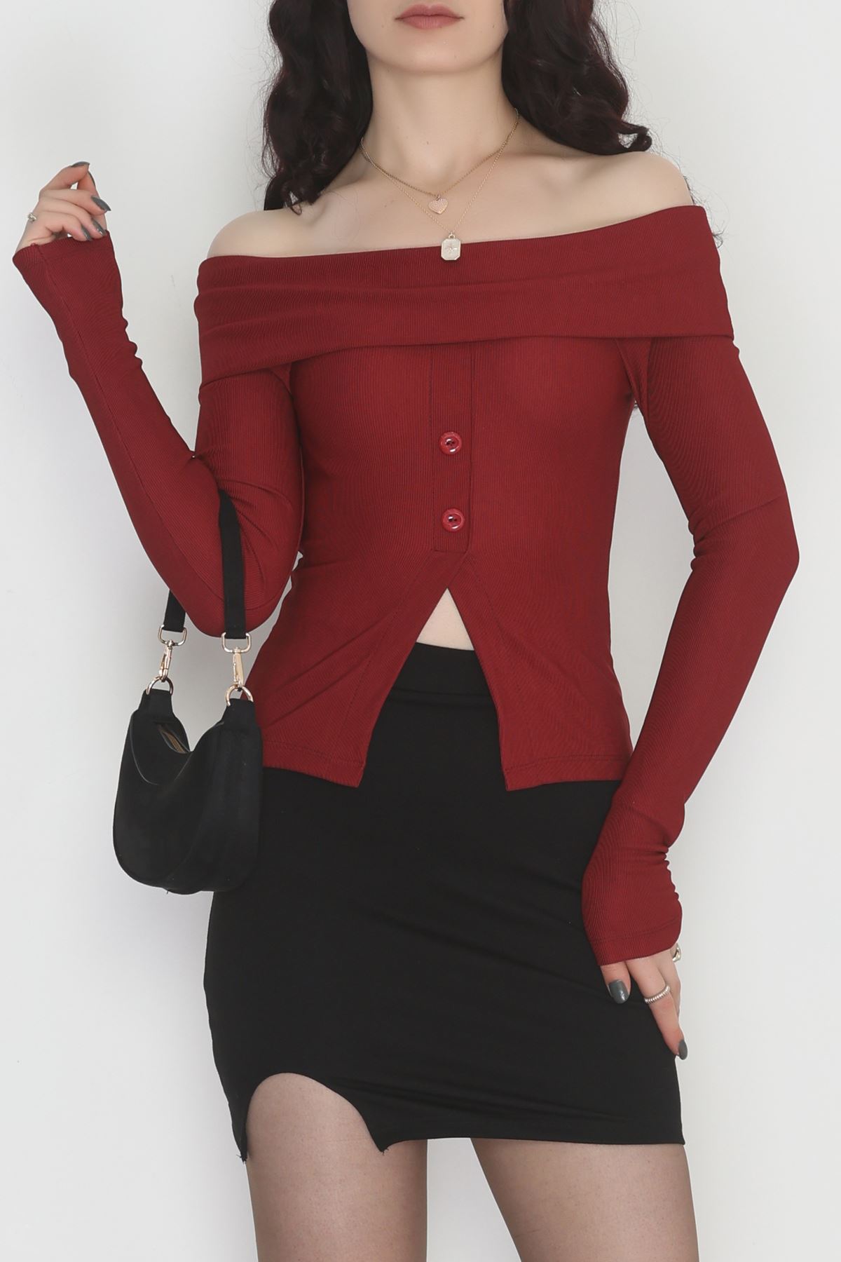 Madonna Yaka Düğmeli Bluz Bordo - 45620.1595.