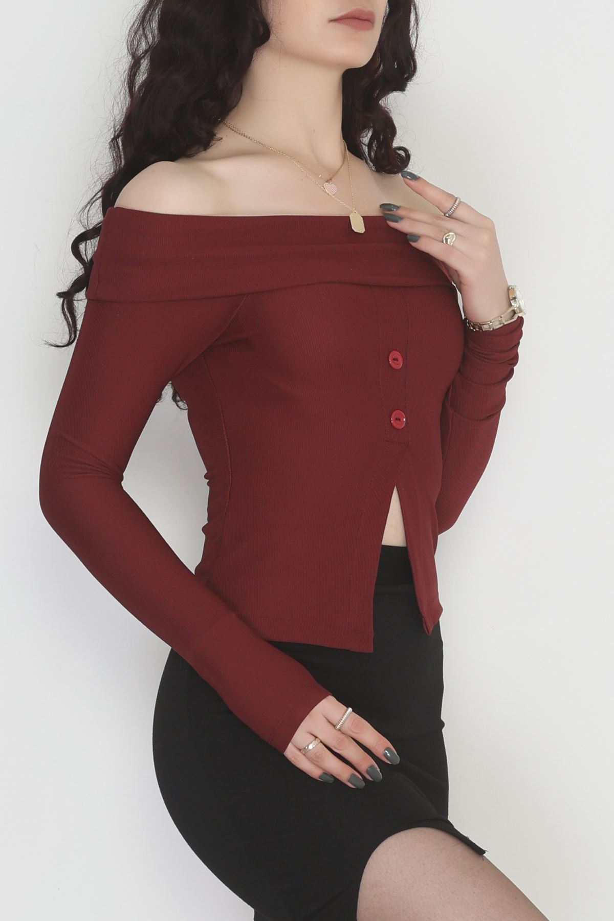 Madonna Yaka Düğmeli Bluz Bordo1 - 45620.1595.