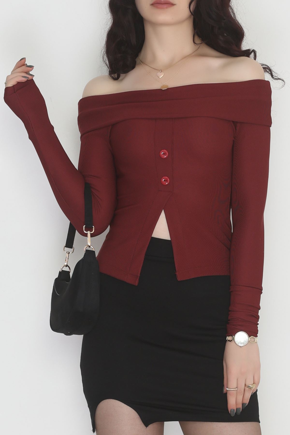 Madonna Yaka Düğmeli Bluz Bordo1 - 45620.1595.