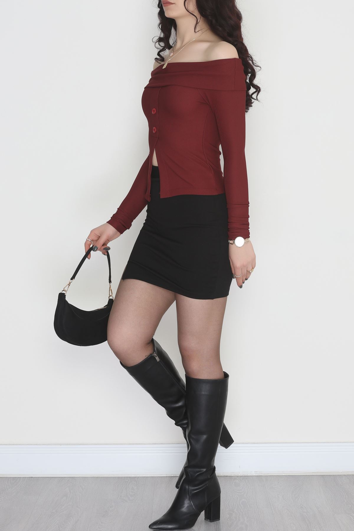 Madonna Yaka Düğmeli Bluz Bordo1 - 45620.1595.