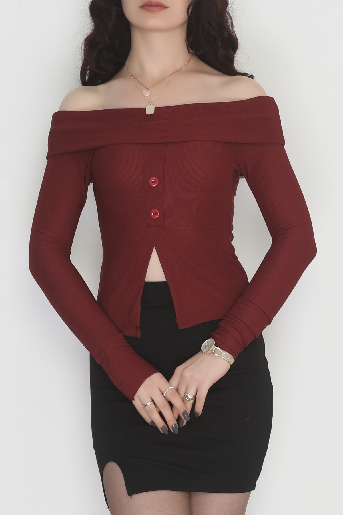 Madonna Yaka Düğmeli Bluz Bordo1 - 45620.1595.
