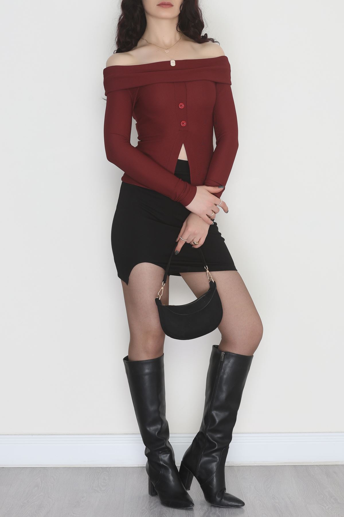 Madonna Yaka Düğmeli Bluz Bordo1 - 45620.1595.