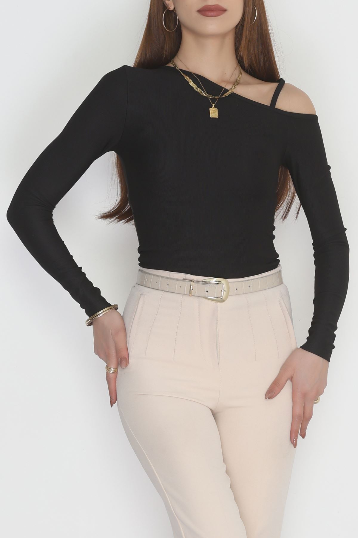 Tek Omuz İp Detaylı Bluz Siyah - 4328.1595.