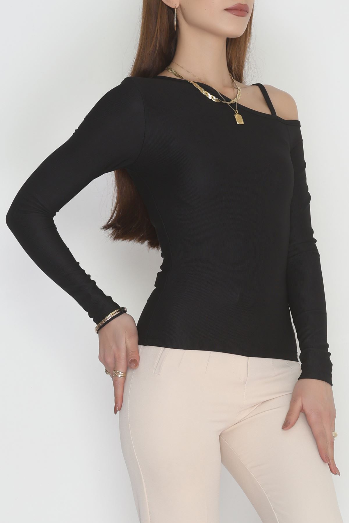 Tek Omuz İp Detaylı Bluz Siyah - 4328.1595.