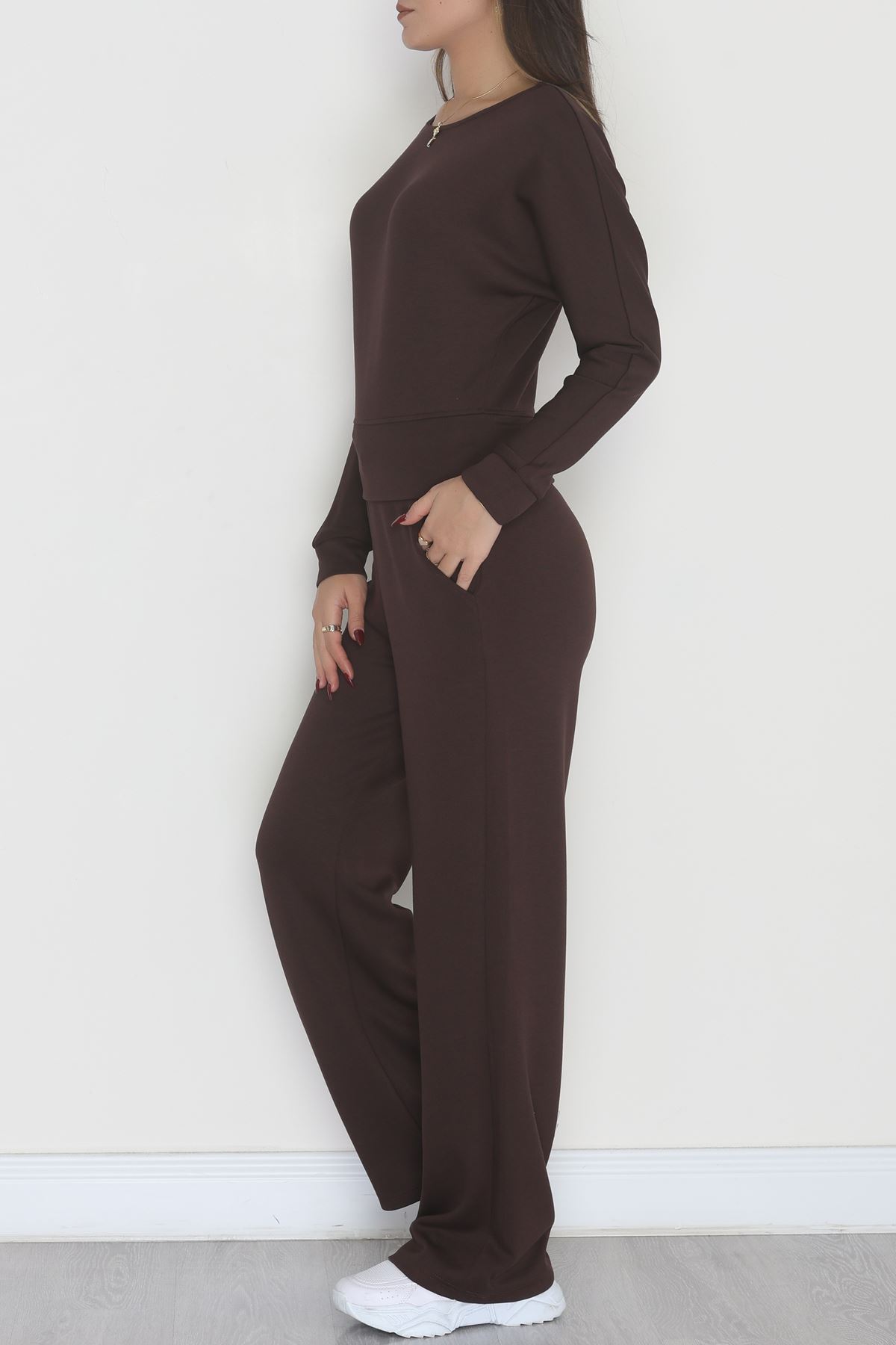 Kayık Yaka Modal Kumaş İkili Takım Kahve - 42673.1247.